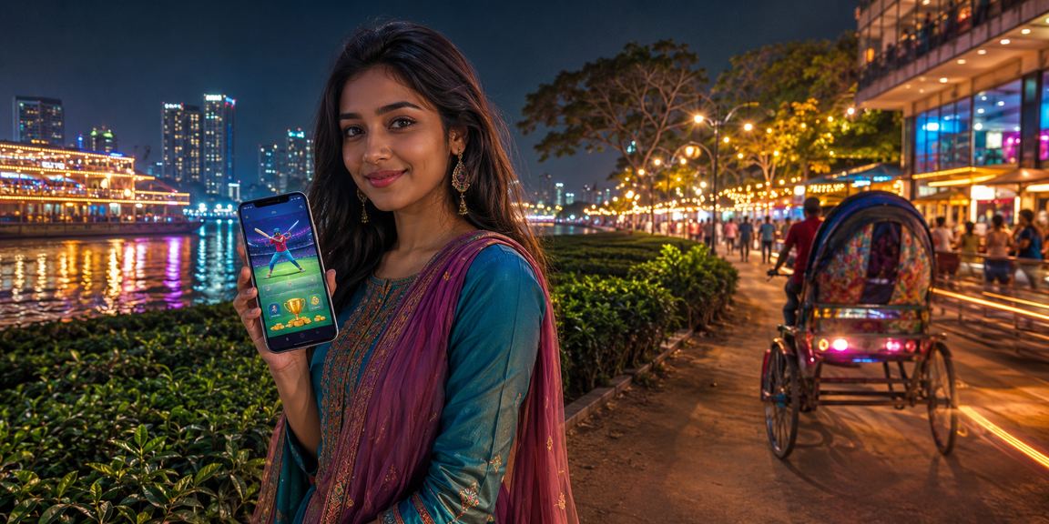 ঢাকায় চা বাগানের পটভূমিতে মোবাইলে ক্রিকেট বেটিং করছেন একজন ব্যবহারকারী