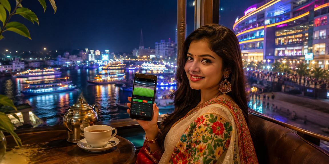 ঢাকায় পহেলা বৈশাখের উৎসবে মোবাইলে q999 লগইন করছেন একজন বাংলাদেশি ব্যবহারকারী